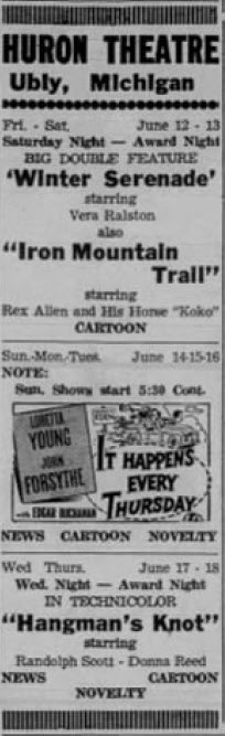 Huron Theatre - June 12 1953 Ad
